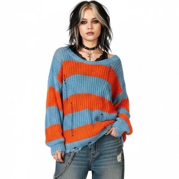 Urban Outfitters Sweaters - NWT Urban Outfitters Distressed Sweater Womens S Blue Orange Striped Y2K Grunge